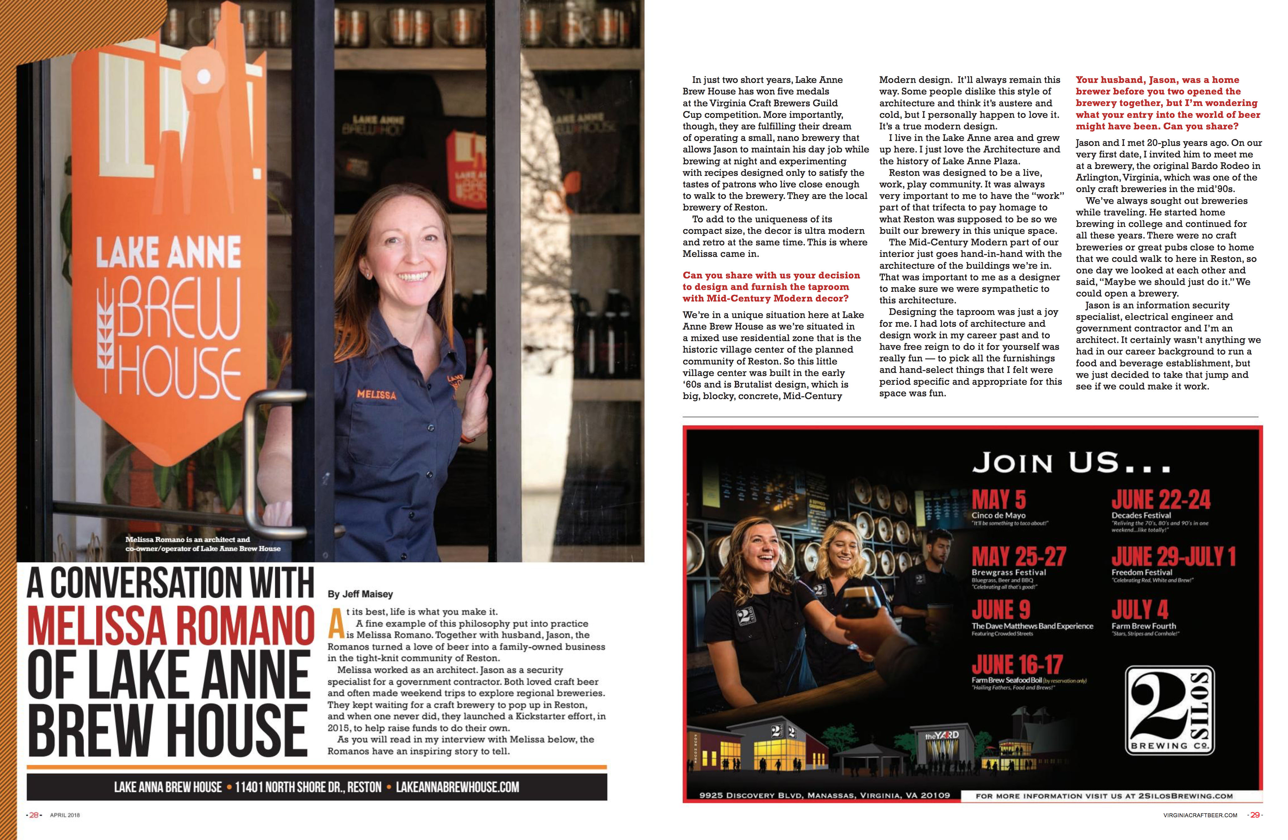 Article about the Lake Anne Brew House in the April/May 2018 issue of Virginia Craft Beer